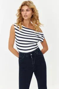 Trendyol Navy Blue Striped Boat Neck Fitted Viscose/Soft Fabric Stretch Knit Knitted Blouse
