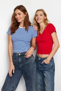 Trendyol Pack of 2 Plain Red V-neck and Striped Navy Blue Crew Neck Stretchy Knitted Blouse