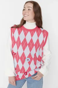 Trendyol Pink Lilac Argyle Patterned Floral Embroidered Knitwear Sweater