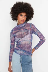 Trendyol Purple Patterned Stand-Up Collar Tulle Knitted Blouse #4594325