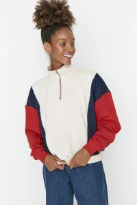 Trendyol Red Color Block Zipper Slim Knitted Basic Sweatshirt