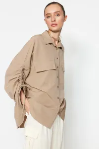 Trendyol Stone Adjustable Sleeves, Shirring Detail Woven Cotton Shirt
