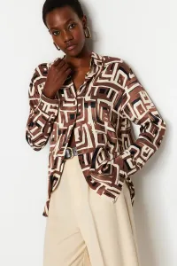 Trendyol Light Brown Geometric Patterned Premium Oversize/Wide Fit Satin Woven Shirt