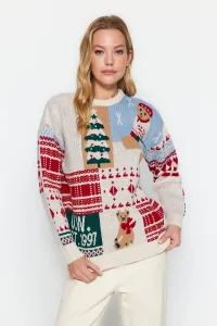 Trendyol kamenný vianočný tematický oversize mäkký textúrovaný vzorovaný pletený sveter