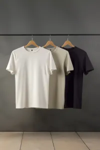 Trendyol Stone-Ecru-Anthracite Pánske basic Slim Fit tričko 100% bavlna 3-pack #9335986