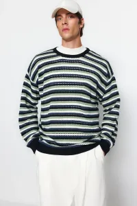 Trendyol Navy Blue Men's Oversize Fit Wide Fit Crew Neck Crochet Detailed Knitwear Sweater