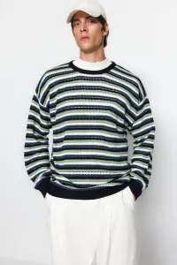 Trendyol Navy Blue Men's Oversize Fit Wide Fit Crew Neck Crochet Detailed Knitwear Sweater
