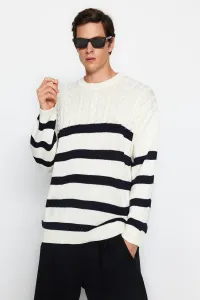 Trendyol Ecru Unisex Oversize Fit Wide Fit Hair Knitted Striped Anti-Pilling Knitwear Sweater