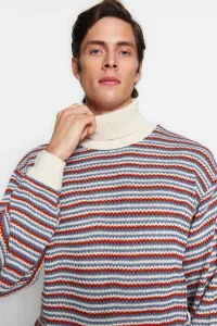 Trendyol Men's Ecru Oversize Fit Wide fit Turtleneck Striped Knitwear Sweater #7045549