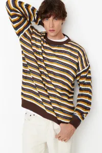 Trendyol Multi-Colored Men's Oversize Fit Wide Fit Crew Neck Crochet Detailed Knitwear Sweater
