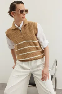 Trendyol Camel Zips Pruhovaný pletený sveter #7238643