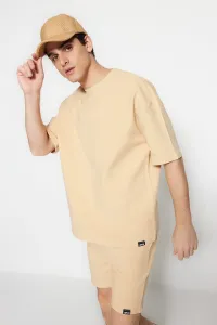 Trendyol Limited Edition Béžová pánska oversize 100% bavlna s etiketami, textúrované basic hrubé hrubé tričko