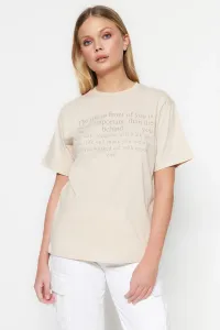 Trendyol Stone Color 100% Cotton Slogan Printed Boyfriend Fit Crew Neck Knitted T-Shirt #6005358