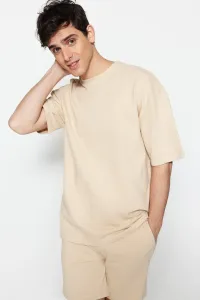 Trendyol Limited Edition Beige Oversize 100% Cotton Labeled Textured Basic Thick T-Shirt #5846466