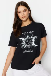 Trendyol Black 100% Cotton Mystical Printed Basic Crew Neck Knitted T-Shirt