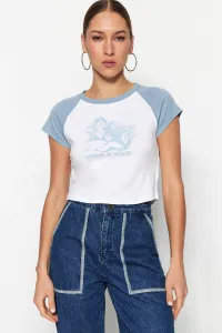 Trendyol Blue 100% Cotton Printed Fitted/Simple Crop Crew Neck Knitted T-Shirt #6131753