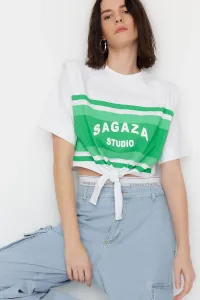 Trendyol X Sagaza Studio Ecru Printed T-Shirt with Binding Detail #5896167