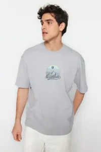 Trendyol Gray Relaxed/Casual-Fit Scenery-Text Printed 100% Cotton Short Sleeve T-Shirt