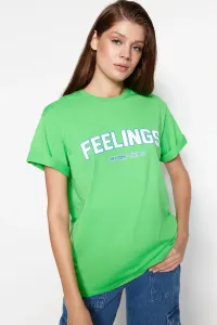 Trendyol Green 100% Cotton Slogan Printed Boyfriend Fit Crew Neck Knitted T-Shirt #5248262