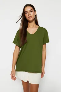 Trendyol Khaki 100% Cotton Boyfriend V-Neck Knitted T-Shirt #5041881