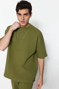 Trendyol Limited Edition Khaki pánske oversize 100% bavlnené s etiketou, textúrované basic hrubé hrubé tričko