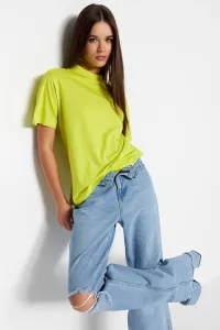 Trendyol Olejovo zelené 100% bavlnené základné tričko s stojacim golierom