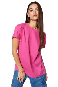 Trendyol Fuchsia 100% Cotton Crew Neck Boyfriend/Wide Fit Knitted T-Shirt #4957812