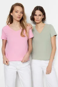 Trendyol Pink-Mint 100% Cotton 2-Pack Basic V-Neck Knitted T-Shirt #6134188
