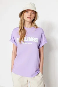 Trendyol Lilac 100% Cotton Slogan Printed Boyfriend Fit Crew Neck Knitted T-Shirt