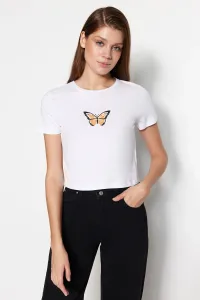 Trendyol White 100% Cotton Butterfly Embroidered Crop Crew Neck Knitted T-Shirt