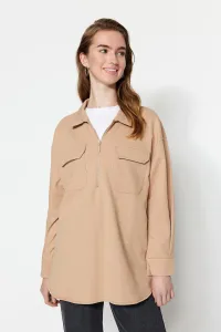 Trendyol Camel Collar, Zippered Knitted Tunic