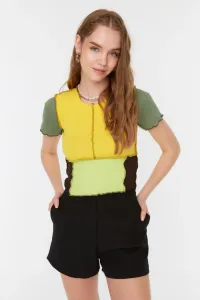 Trendyol Yellow Color Block Corduroy Crop Knitted Blouse #4970321