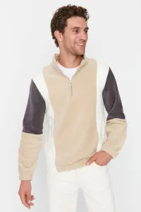 Trendyol Beige Men's Regular/Regular Fit Zippered Standing Collar Long Sleeved Color Block Thick Fleece Sweatshirt