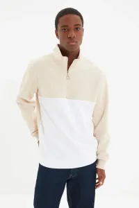 Trendyol Beige Men's Regular/Regular Cut Standing Collar Color Block Color Block Zippered Inner Soft Pile Cotton Sweatshirt