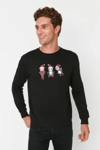 Trendyol Black Men's Regular/Regular Cut Crew Neck Christmas Theme Printed Fleece Sweatshirt