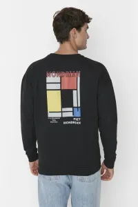 Trendyol Black Men's Oversized Crew Neck Mondrian Art Licensed Sweatshirt with Soft Pillows