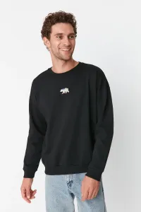 Trendyol Black Men's Oversize Fit Crew Neck Sweatshirt with Animal Embroidery and a Soft Pillowcase