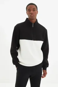 Trendyol Black Men's Regular/Regular Cut Standing Collar Color Block Color Block Zippered Inner Soft Pile Cotton Sweatshirt