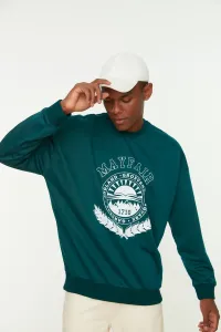 Trendyol Men's Emerald Green Oversize/Wide-Fit Crew Neck College Printed Sweatshirt