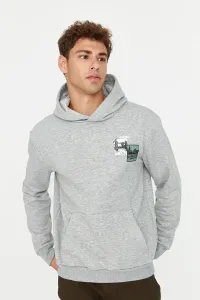 Trendyol Gray Melange Men Regular Fit Hooded Long Sleeve Printed Thick Sweatshirt