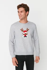 Trendyol Gray Melange Men's Regular Fit Christmas Printed Thick Sweatshirt with a Soft Pillow interior