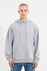 Trendyol Basic Gray Oversize/Wide-Fit Hooded Labeled Fleece Inner Cotton Sweatshirt #741935