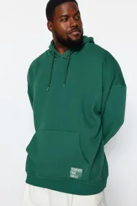 Trendyol Green Men's Large Size Basic Comfortable Hooded Labeled Fleece Inside Cotton Sweatshirt