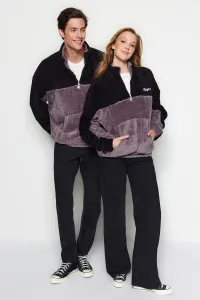 Trendyol Black Unisex Oversized Stand Collar Zippered Color Block Color Block Minimal Embroidery Warm Plush Sweatshirt