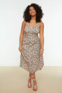 Trendyol Curve Beige Floral Patterned Woven Strap Dress