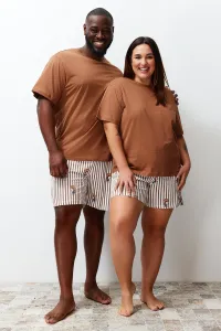 Trendyol Brown Regular Fit Teddy Bear Printed Couple Knitted Plus Size Pajama Set with Shorts