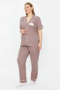Trendyol Curve Mink Polka Dot Patterned Shirt Collar Knitted Pajamas Set