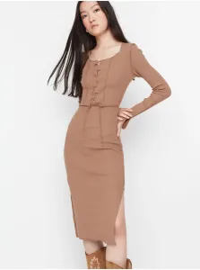 Trendyol Mink Tie Detailed Ribbed Bodycon Knitted Dress