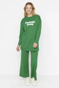 Trendyol Green Slogan Printed Soft Fuzzy Knitted Tracksuit Set
