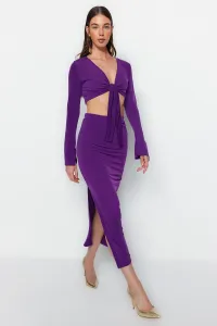 Trendyol Purple Lace-Up Detail Super Crop and Midi Flexible Knitted Top and Bottom Set #7187823